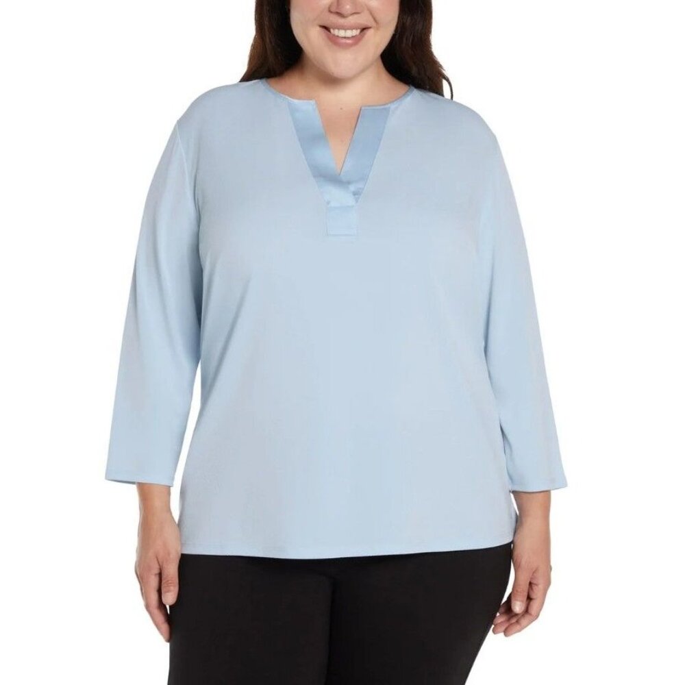 Banana Republic Woman XXL Blouse Satin V-Neck Top 3/4 Sleeve Shirt Pullover Blue